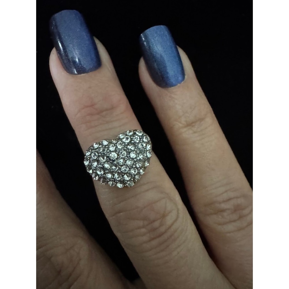 Silver Tone Pave Rhinestone Heart Ring Size 5.5 Clear Crystal Statement Jewelry